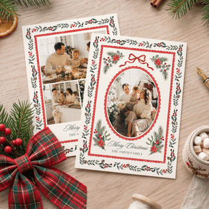 Gepersonaliseerde fotocollage met kerstmotieven en een aquarelrand – wenskaart met titel en familienaam – nieuwjaars- en kerstcadeau voor familie en vrienden