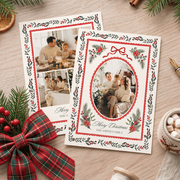 Gepersonaliseerde fotocollage met kerstmotieven en een aquarelrand – wenskaart met titel en familienaam – nieuwjaars- en kerstcadeau voor familie en vrienden