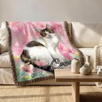 Personalized Watercolor Pet Photo Flower Tassel Soft Throw Blanket with Name Home Decor Birthday Memorial Gift for Pet Lover