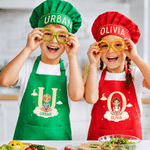 Personalised Cute Cartoon Illustration Style Apron and Chef Hat Set with Name and Photo Baking Party Birthday Gift for Kids Children