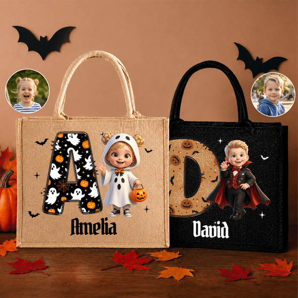 Personalized 3D-Style Character Artwork Halloween Wizard Vampire Ghost Large Jute Bag with Initial and Name Halloween Trick or Treat Gift for Kids