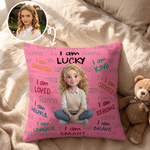 Personalized 3D-Effect Character Artwork I Am Lucky Soft Throw Pillow Cover with Name Home Decor Birthday Anniversary Gift for Family Kids