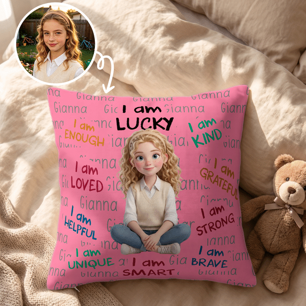 Personalized 3D-Effect Character Artwork I Am Lucky Soft Throw Pillow Cover with Name Home Decor Birthday Anniversary Gift for Family Kids