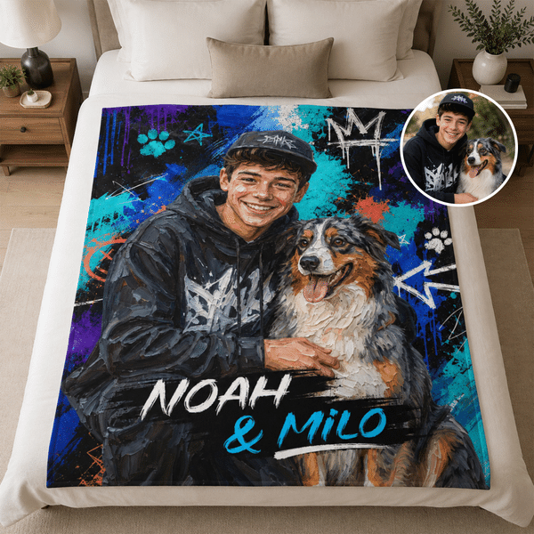 Personalized Graffiti Style Oil Painting Photo Soft Throw Blanket with Name Home Decor Birthday Gift for Pet Owners Lovers