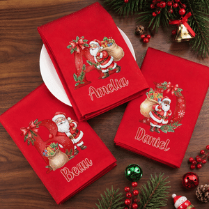 Personalised Cute Santa Claus Initial 100% Cotton Red Napkin with Name Table Decor Christmas Gift for Family Friends