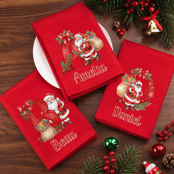 Personalized Cute Santa Claus Initial 100% Cotton Red Napkin with Name Table Decor Christmas Gift for Family Friends