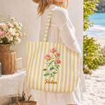 Personalised Multicolour Birth Flower Striped Large Capacity Canvas Tote Bag with Name Daily Use Birthday Gift for Women