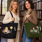 Personalized Birth Flower Cartoon Reading Girl Large Capacity Corduroy Tote Bag with Name Birthday Christmas Gift for Librarians Book Lovers