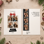 Tarjeta de felicitación personalizada con collage de fotos de estilo cinematográfico y temática navideña, con nombre y texto. Regalo de Navidad para familiares y amigos