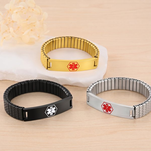 Braccialetto elastico personalizzato con identificativo medico e informazioni mediche incise – Regalo di compleanno per persone affette da diabete, allergie ed epilessia