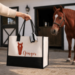 Personalised Horse-Head Silhouette Photo Canvas Tote Bag Linen Makeup Bag with Name Shopping Travel Daily Use Birthday Gift for Horse Owners Women