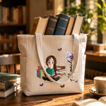 Personalized Birth Flower Cartoon Reading Girl Large Capacity Corduroy Tote Bag with Name Birthday Christmas Gift for Librarians Book Lovers