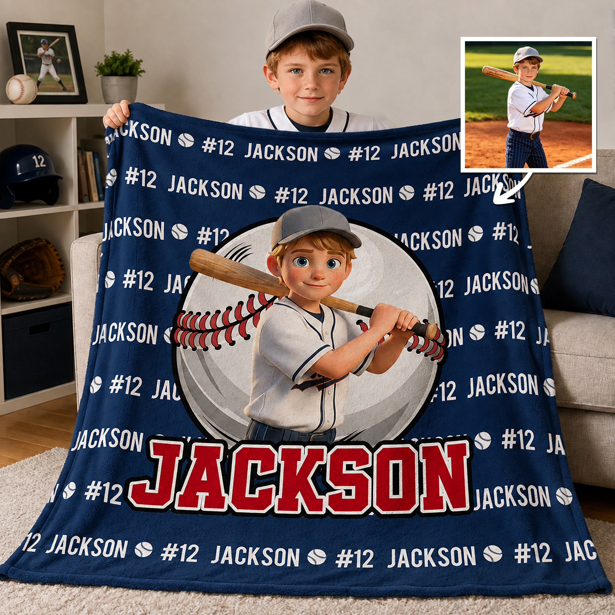 Individuell gestaltete Kuscheldecke mit 3D-Effekt, Cartoon-Figur und Sportball-Motiv, mit Namen und Nummer – Geburtstagsgeschenk für Sportbegeisterte