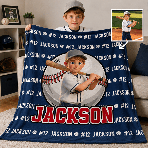 Personalized 3D-Effect Artwork Cartoon Character Sportball Design Throw Blanket with Name and Number Birthday Gift for Sport Lovers