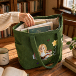 Personalized Birth Flower Cartoon Reading Girl Large Capacity Corduroy Tote Bag with Name Birthday Christmas Gift for Librarians Book Lovers