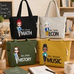 Personalized Cartoon Teacher Large Corduroy Tote Bag with Text and Subject Teacher's Day Birthday Back to School Gift for Teacher