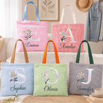 Personalised Pearl Effect Birth Flower Striped Large Capacity Tote Bag with Name Daily Use Birthday Anniversary Gift for Women Girls