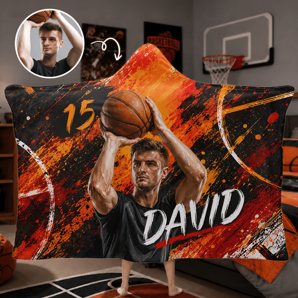 Personalized Graffiti Style Sport Photo Soft Hooded Blanket with Name and Number Daily Use Birthday Gift for Basketball Players Friends