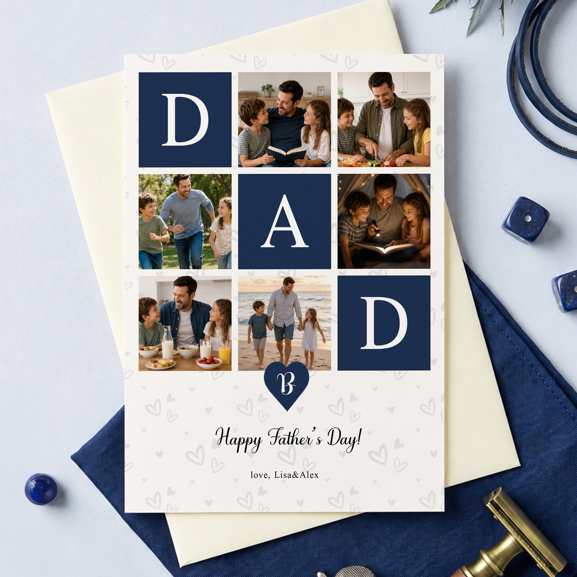 Personalisierte Grußkarte für Mama und Papa mit 6 Fotos im 9er-Raster, Titeltext und Initialen – Geburtstags- und Weihnachtsgeschenk für Mama, Papa und die Familie
