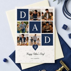 Tarjeta de felicitación personalizada para papá y mamá con diseño de nueve casillas y 6 fotos, con texto de título e iniciales; regalo de cumpleaños y Navidad para mamá, papá y la familia