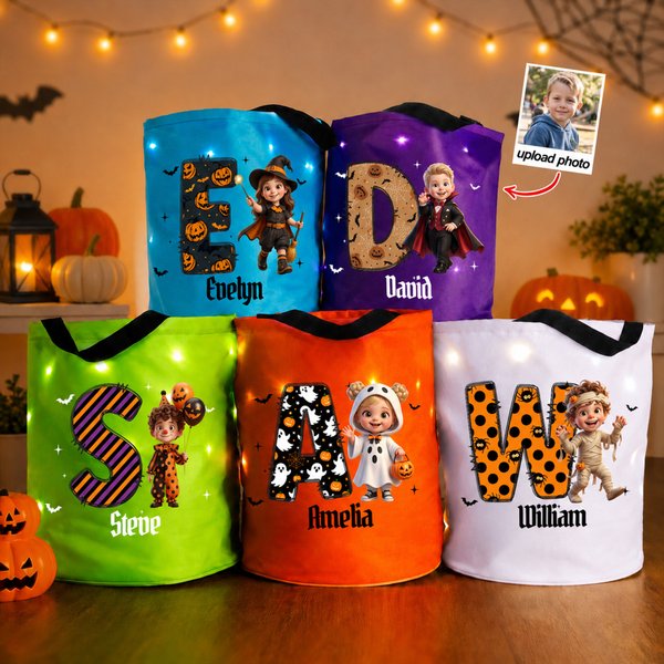 Personalized 3D-Effect Artwork Halloween Character Photo LED Light Candy Bucket with Name and Initial Trick or Treat Halloween Party Gift for Kids