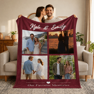 Personalized Multicolour Heart 4 Photos Collage Soft Throw Blanket with Name and Text Home Decor Anniversary Birthday Gift for Family Couples