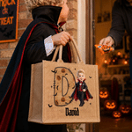 Personalized 3D-Style Character Artwork Halloween Wizard Vampire Ghost Large Jute Bag with Initial and Name Halloween Trick or Treat Gift for Kids