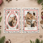 Gepersonaliseerde fotocollage met kerstmotieven en een aquarelrand – wenskaart met titel en familienaam – nieuwjaars- en kerstcadeau voor familie en vrienden