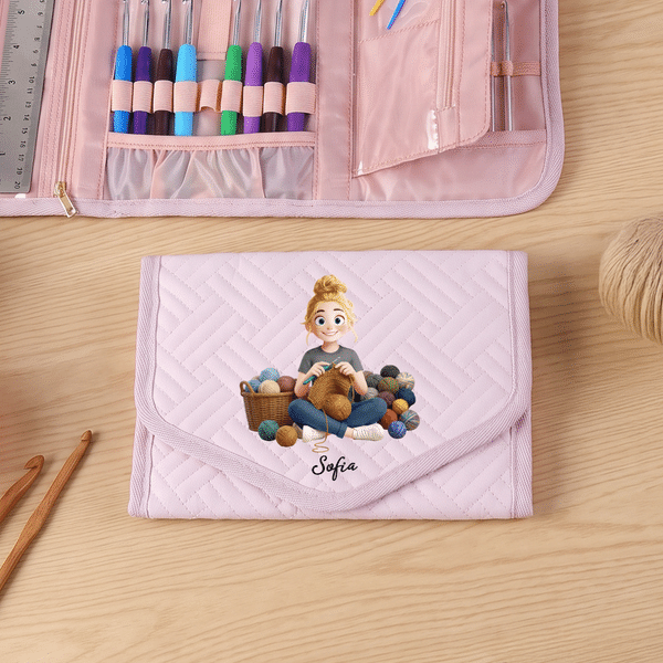 Personalised Cartoon Knitted Character Foldable Crochet Hook Organiser with Name Knitting Accessories Birthday Gift for Knitting Lover Gran