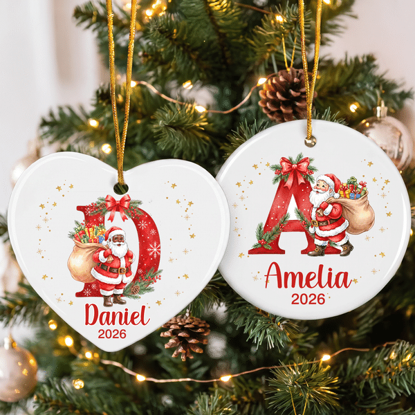 Personalized Cute Santa Claus Initial Ceramic Christmas Ornament with Name and Year Tree Decor Christmas Gift for Family Friends