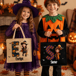 Personalized 3D-Style Character Artwork Halloween Wizard Vampire Ghost Large Jute Bag with Initial and Name Halloween Trick or Treat Gift for Kids