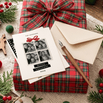 Tarjeta de felicitación personalizada con collage de fotos de estilo cinematográfico y temática navideña, con nombre y texto. Regalo de Navidad para familiares y amigos