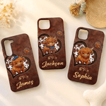 Personalised Cute Baby Highland Cow Heart Pattern Phone Case for iPhone with Name Birthday Gift for Highland Cow Lovers Friends