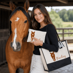 Personalised Horse-Head Silhouette Photo Canvas Tote Bag Linen Makeup Bag with Name Shopping Travel Daily Use Birthday Gift for Horse Owners Women