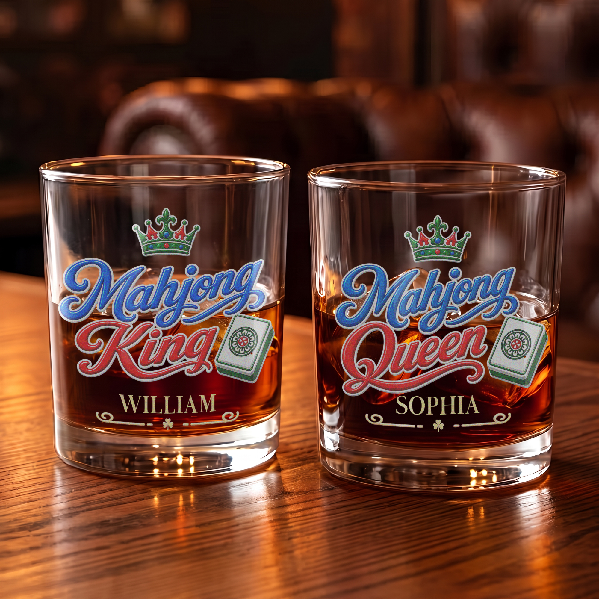 Individuell gestaltetes Whiskyglas mit 3D-Effekt im Mahjong-Kronen-Design, robust, 10 oz, mit Namen – Geschenk zur Geburtstagsfeier oder zum Jubiläum für Männer und Frauen
