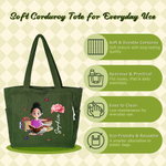 Personalized Birth Flower Cartoon Reading Girl Large Capacity Corduroy Tote Bag with Name Birthday Christmas Gift for Librarians Book Lovers
