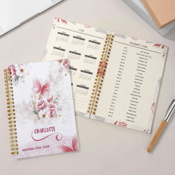 Personalizada Mariposa Floral 2026-2028 Espiral Planificador Cuaderno con Nombre y Semanal Mensual Planificador Páginas Año Nuevo Cumpleaños Regalo para Familia Amigos