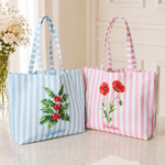 Personalised Multicolour Birth Flower Striped Large Capacity Canvas Tote Bag with Name Daily Use Birthday Gift for Women