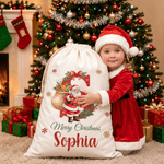 Personalised Merry Christmas Santa Claus Canvas Drawstring Gift Bag with Name and Initial Christmas Eve Party Gift for Kids