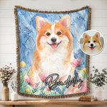 Personalized Watercolor Pet Photo Flower Tassel Soft Throw Blanket with Name Home Decor Birthday Memorial Gift for Pet Lover