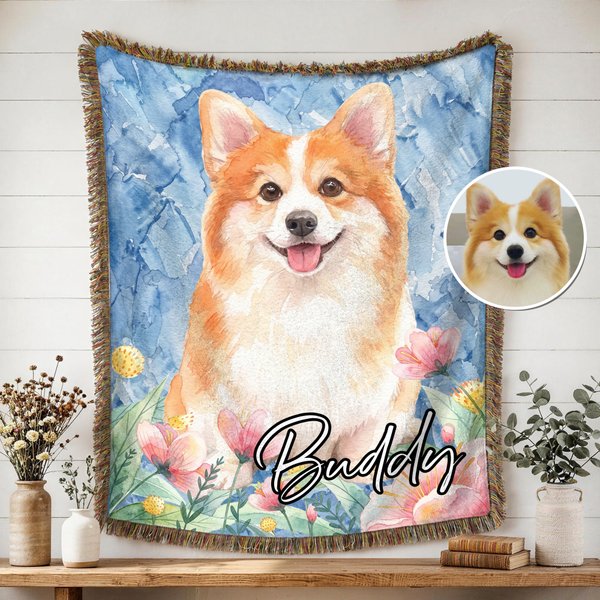 Personalised Watercolor Pet Photo Flower Tassel Soft Throw Blanket with Name Home Decor Birthday Memorial Gift for Pet Lover