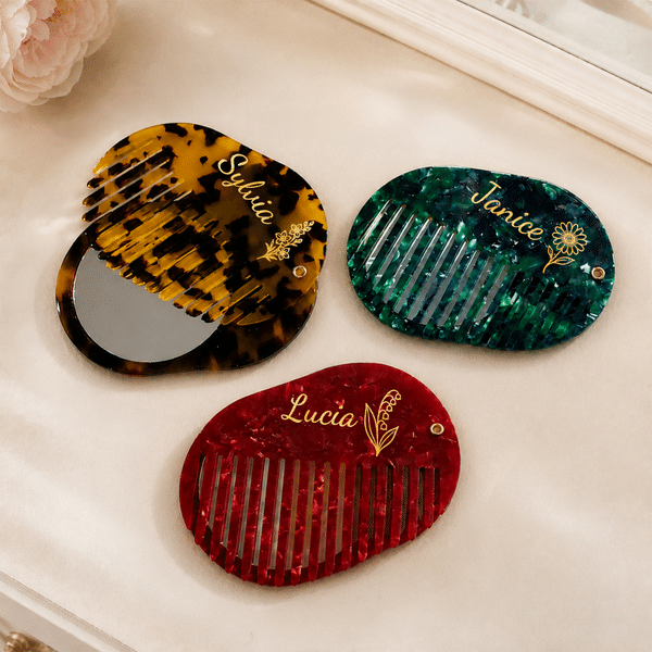 Personalized Birth Flower Durable Hair Comb with Name and Mirror Daily Use Travel Birthday Anniversary Gift for Women Friends