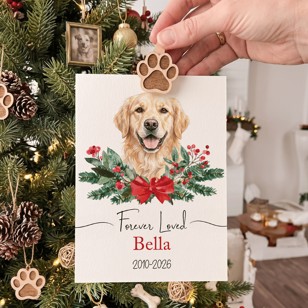 Biglietto di auguri personalizzato con ritratto ad acquerello del proprio animale domestico, con nome e anno: regalo commemorativo di Natale per gli amanti e i proprietari di animali domestici 4