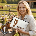 Personalised Horse-Head Silhouette Photo Canvas Tote Bag Linen Makeup Bag with Name Shopping Travel Daily Use Birthday Gift for Horse Owners Women