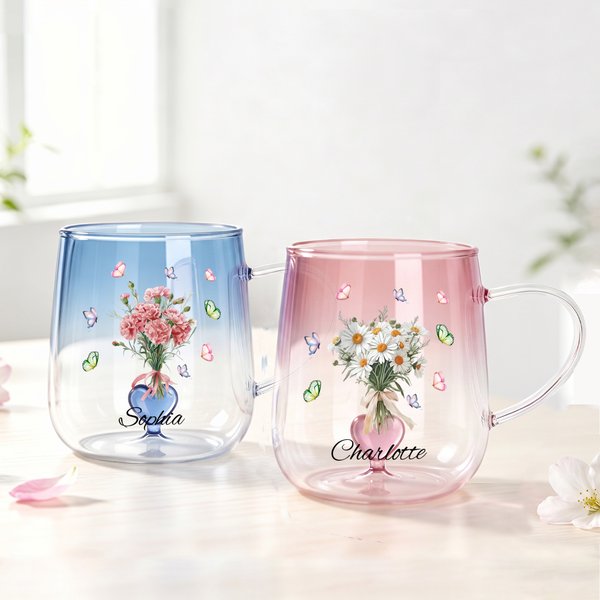 Personalized Butterfly Birth Flower 3D Heart Ornament Glass Mug with Name Mother's Day Birthday Gift for Mom Woman