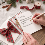 Gepersonaliseerde fotocollage met kerstmotieven en een aquarelrand – wenskaart met titel en familienaam – nieuwjaars- en kerstcadeau voor familie en vrienden