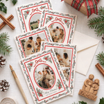 Gepersonaliseerde fotocollage met kerstmotieven en een aquarelrand – wenskaart met titel en familienaam – nieuwjaars- en kerstcadeau voor familie en vrienden