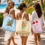 Personalised Multicolour Birth Flower Striped Large Capacity Canvas Tote Bag with Name Daily Use Birthday Gift for Women
