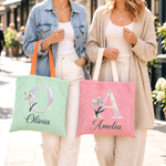 Personalised Pearl Effect Birth Flower Striped Large Capacity Tote Bag with Name Daily Use Birthday Anniversary Gift for Women Girls