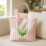 Personalised Multicolour Birth Flower Striped Large Capacity Canvas Tote Bag with Name Daily Use Birthday Gift for Women
